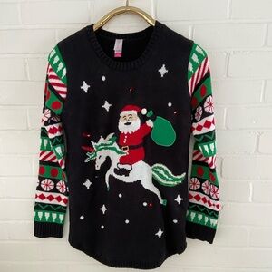 Festive Black Light-Up Santa Sweater With Green and Red Accents Size L